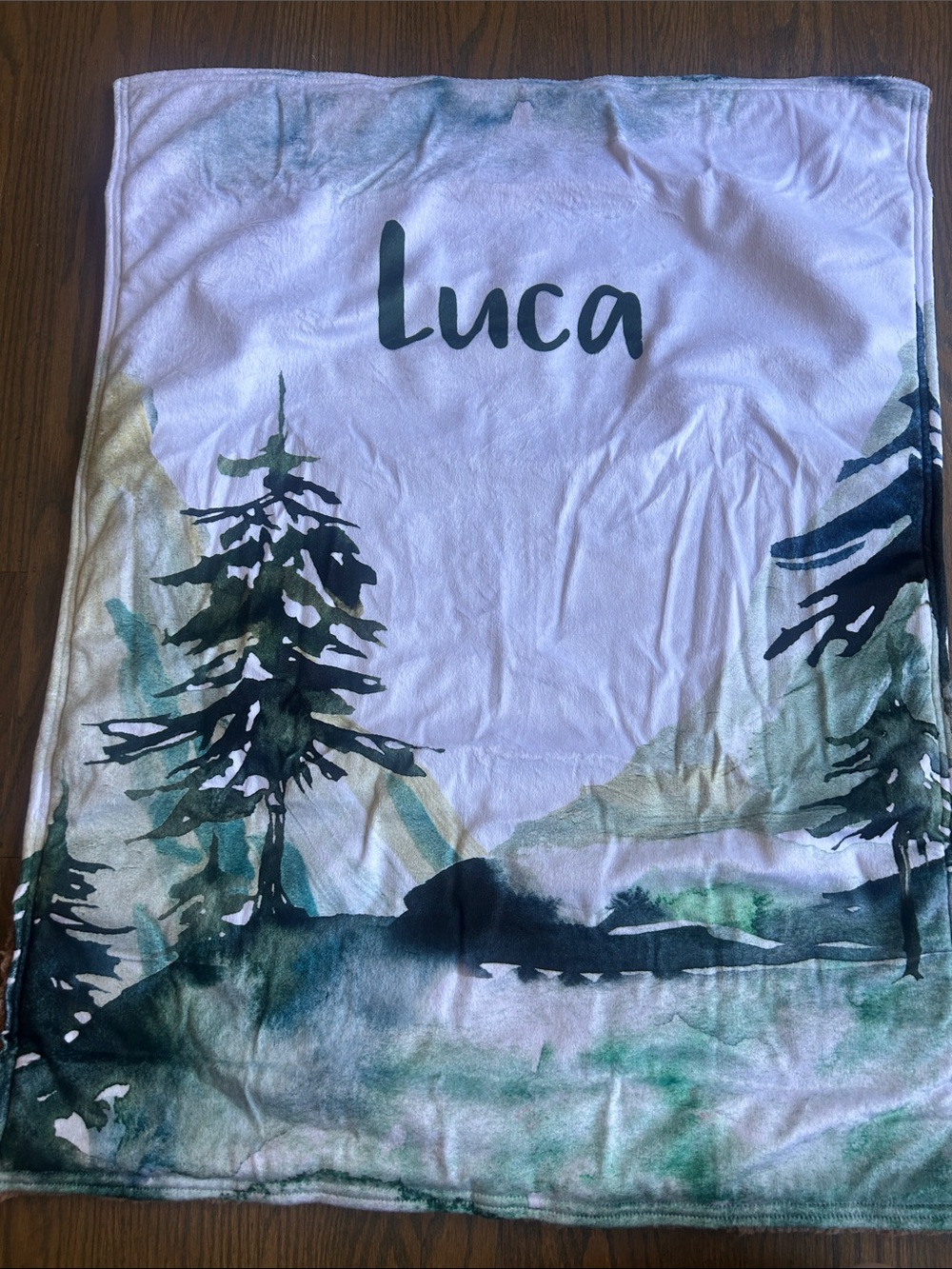 Luca Custom Forest and Mountain Baby Blanket in White, Green, and Brown